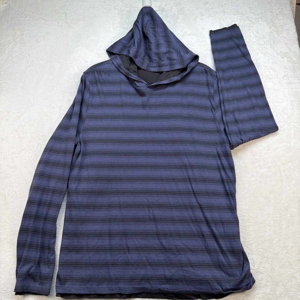 Vince Men's Hoodie Medium Blue Black‎ Striped Lightweight Minimalist Pullover